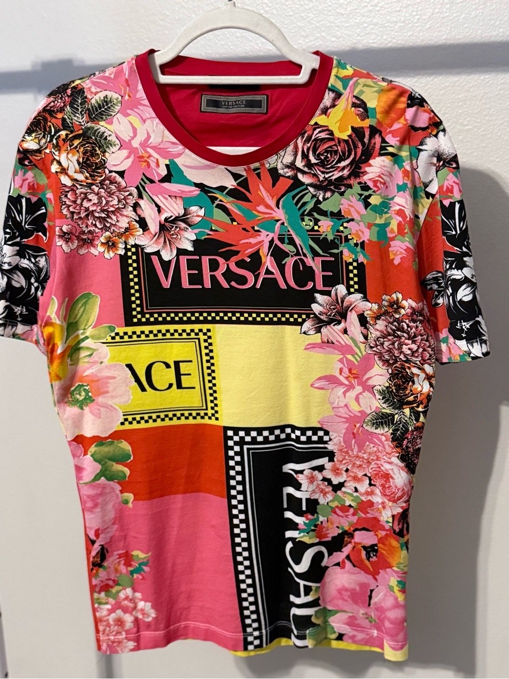 Versace Multicolor Floral Logo Patchwork Tee